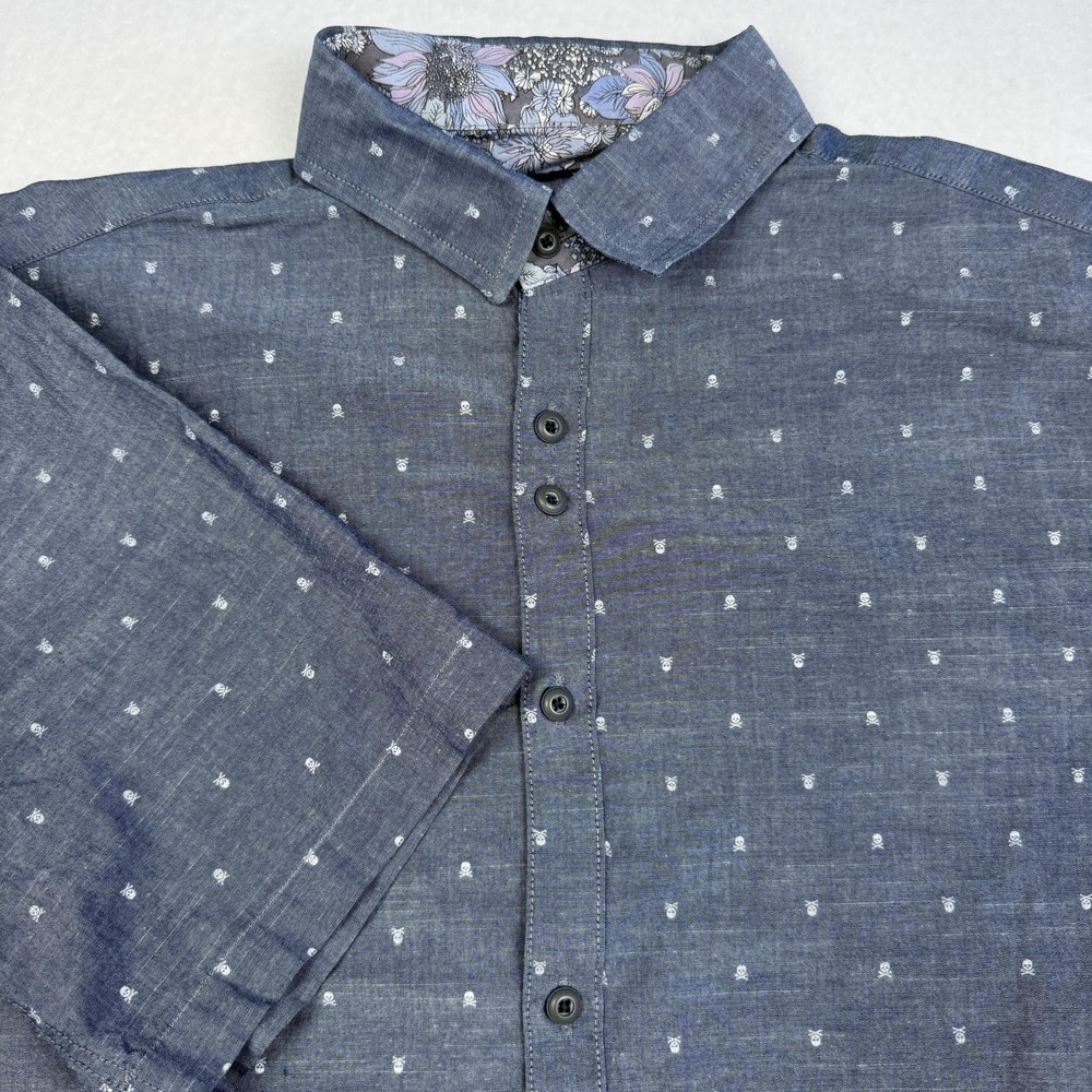 Rock Roll-n-Soul Shirt Mens Medium Blue Skull Chambray Short Sleeve Button Up